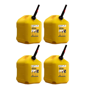 Midwest Can 8610 Safe-Flo Auto Shut Off 5 Gallon Diesel Can Yellow Plastic Fuel Container with FlameShield Safety System & Quick-Flow Spout - 4 Pack